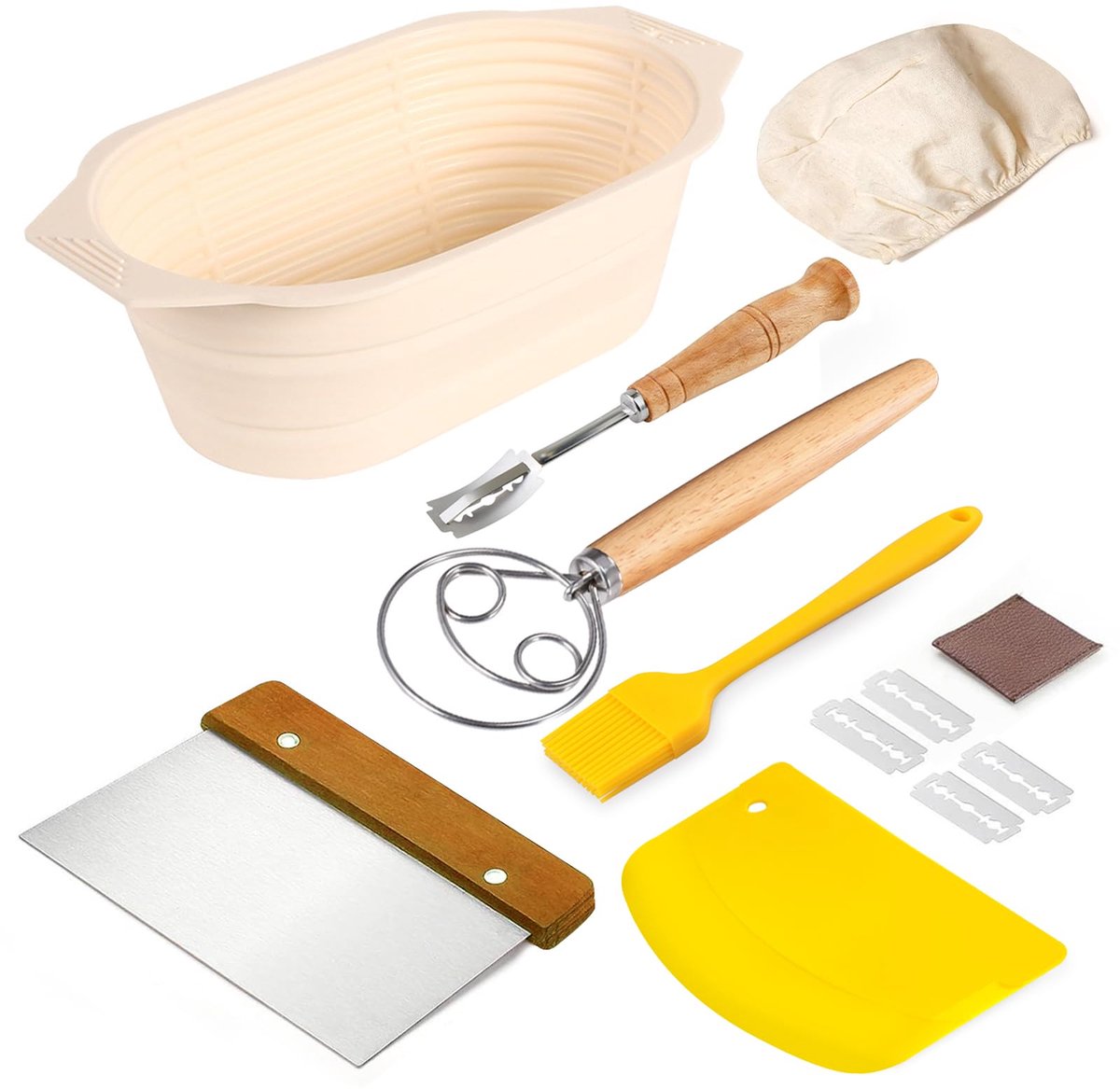 SnelShoppen - Set Rijsmandjes 24 cm, Siliconen Rijsmandje voor Brood Bakken, Inclusief Bakkersmes, Deegsnijder, Deegkaart, Deense Deegklopper van RVS,