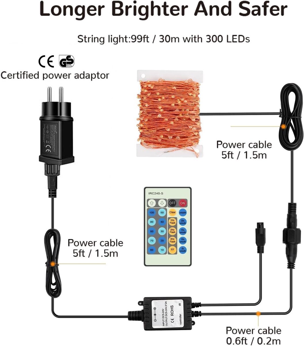 SnelShoppen - Decoratieve LED-lichtsnoer 30m - 300 dimbare warmwitte sterrenlichten - Koperlampen voor binnen/buiten - IP65 - Perfect voor tuinfeest,