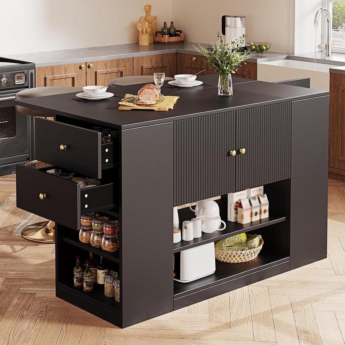 Keuken Eiland - Keukenwagen Buffetkast - Keuken Organiseren - Verstelbare Werkbladdiepte - 140 x 40-70 x 90 cm - Zwart