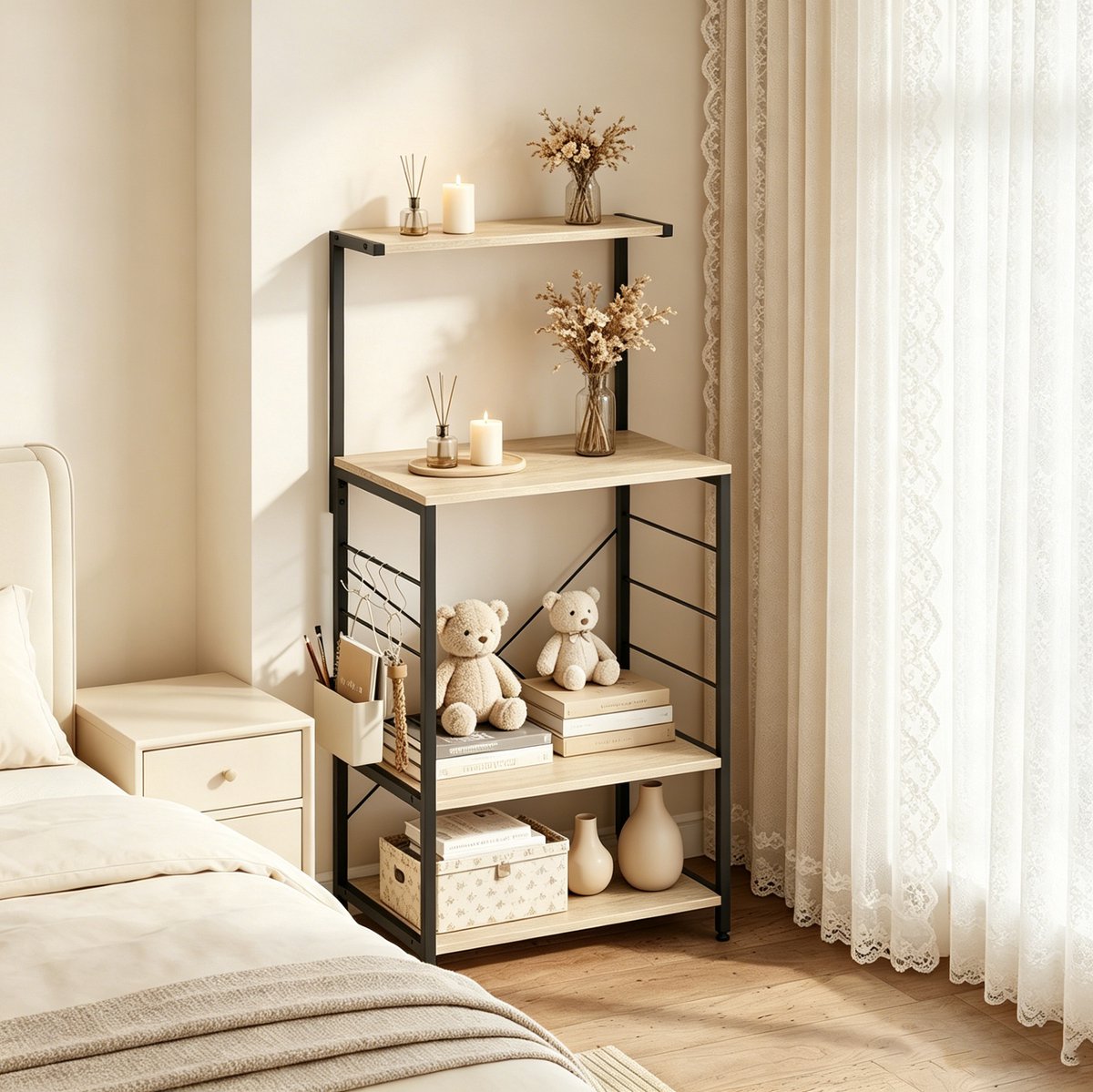 HAUSS SPOLE Boekenkast - 60 x 123 x 40 cm - Multifunctionele Open Opbergkast - Hout En Staal - Zwart En Licht Eiken - Met 4 Planken