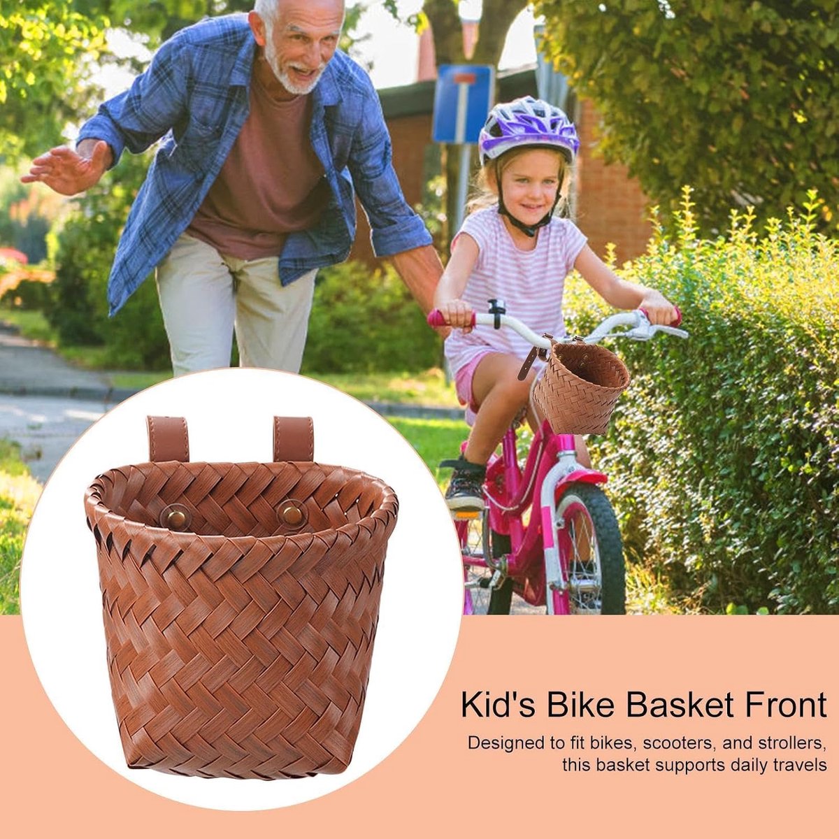 Kinder Fietsmand - Stuurmand Opbergzak - Buitensport Avonturen - Ambachtelijk Gevlochten - 15x12x12cm - Thee Bruin