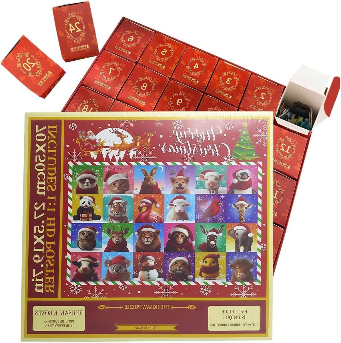 Adventskalender Puzzel - Kerstpuzzel 24 dagen - Feestelijke Ontspanning - Boeiend Dierenmotief - 1000 Stukjes - Uniek