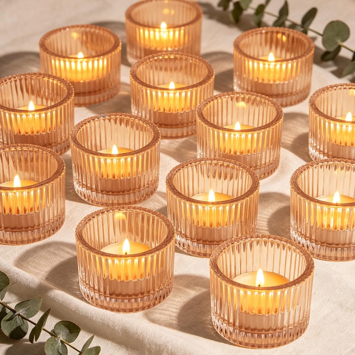 SnelShoppen - Set van 12 Gouden Theelicht Kandelaars, Glazen Votief Theelichthouders, Mini Vintage Gestreepte Kaarsen, Decor voor Bruiloft, Kerstmis,