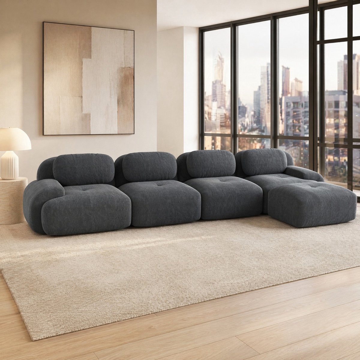 COVREO Hoekbank 388 x 178 x 75 cm - grijs corduroy, 4-zits, chaise longue, zonder montage