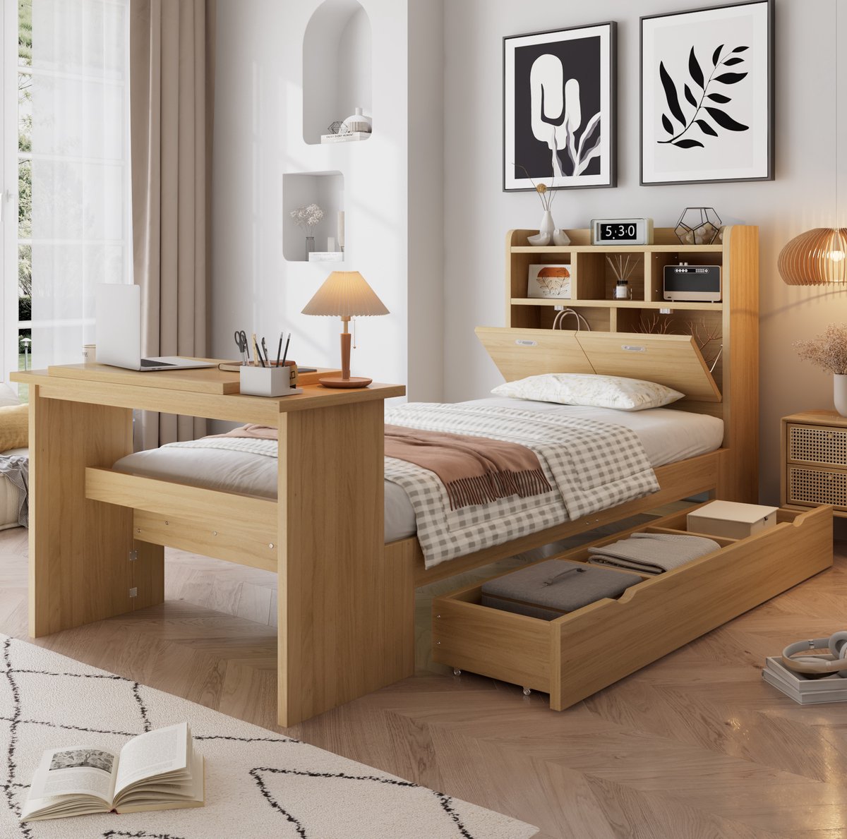 MODFU Bed - Opbergruimte - Opklapbaar Tafelblad - Naturaal Houtkleur