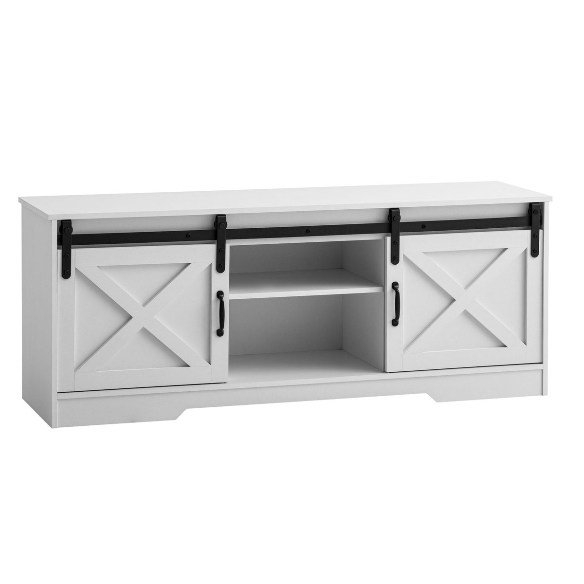 Ervesto Lowboard Tv Meubel 150x59,5x39,5 Cm - Landhuisstijl - Wit Met Zwarte Accenten - Geschikt Voor Tv’s Tot 70 Inch - Met Schuifdeuren En Opbergruimte Zie omschrijving
