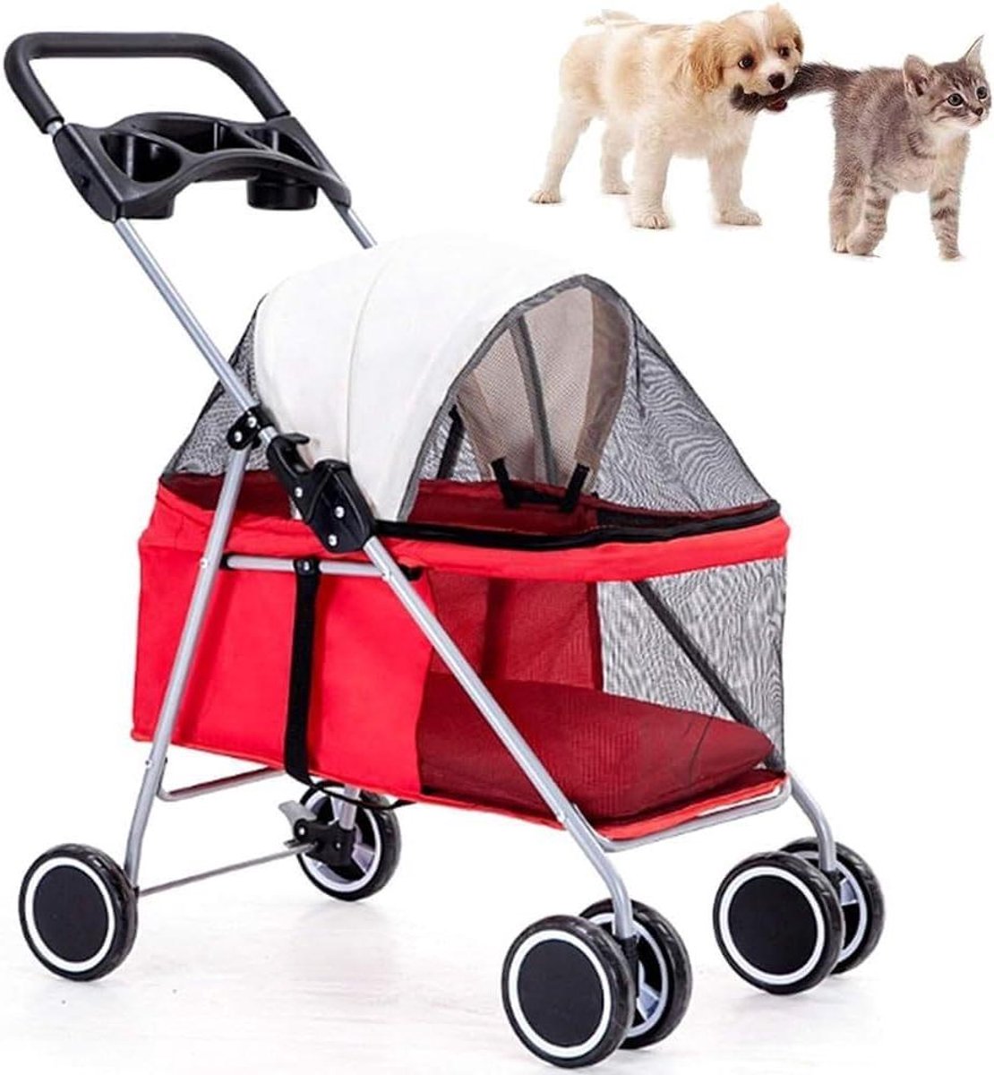 Hondenbuggy - Hondenkar Kattenkar - Huisdier Transport - Opvouwbaar Met Remmen - 46 x 69 x 91 cm - Rood