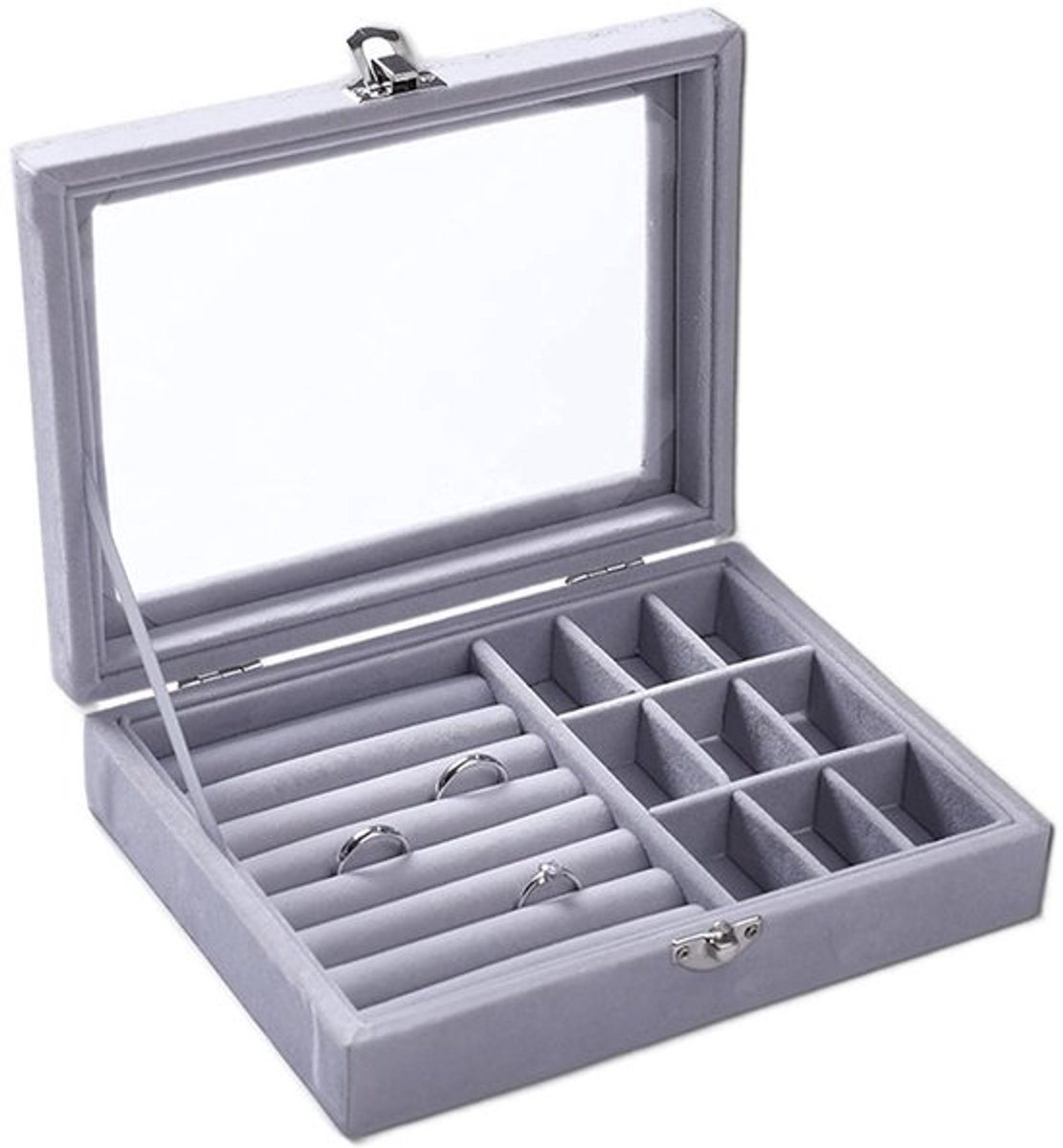 - Juwelendoos - Sieraden Opbergdoos - Transparant deksel - Grijs - 9 Grids Sieradenkistje - Geschikt voor Dames - Grijs