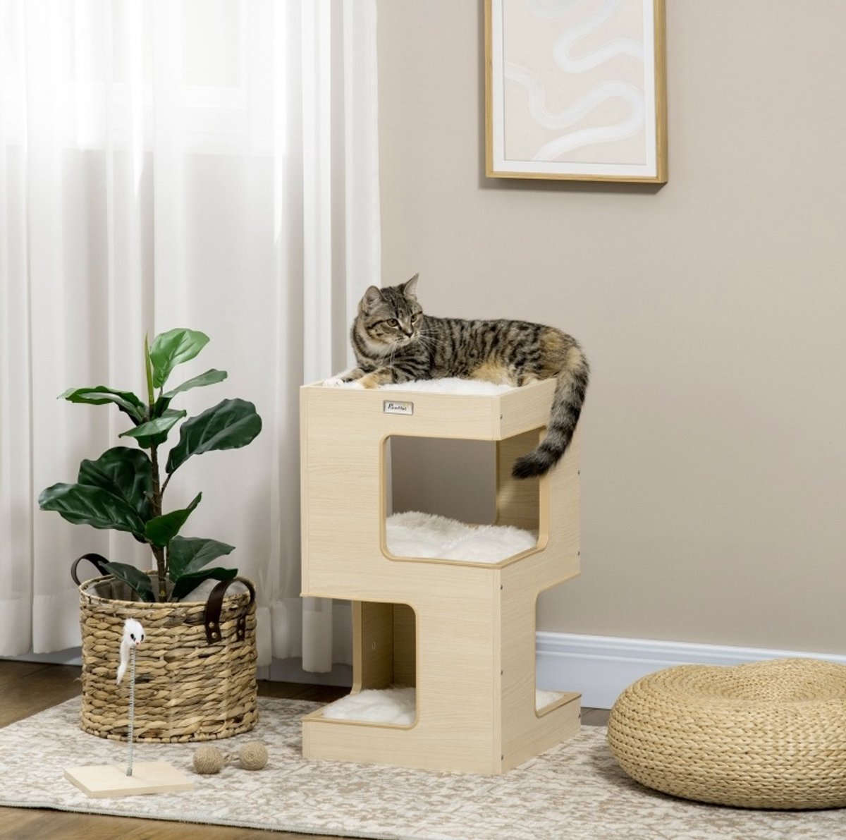 Krabton Kattenhuis Met 3 Niveaus 34 X 34 X 60 Cm Pluche Eikenkleur Inclusief Speeltje Voor Slapen En Spelen