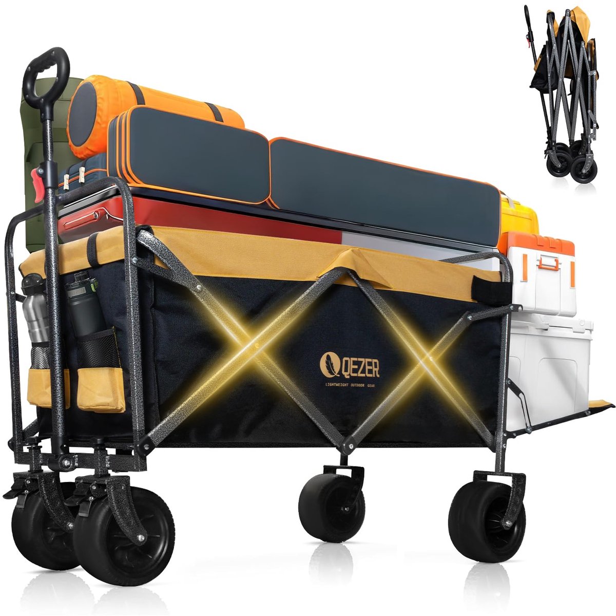 SnelShoppen - Opvouwbare Kinderwagen met Offroad-wielen, Multifunctioneel Draagbaar voor Kamperen, Tuinieren en Winkelen - Zwart Geel, 270 kg, 250 Lit