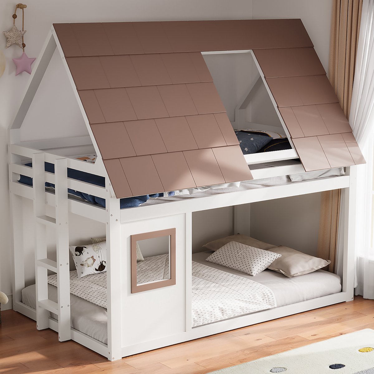 Huisbed Stapelbed 140x200 cm - Met Dak, Ladder En Veiligheidsrand - Wit Bruin