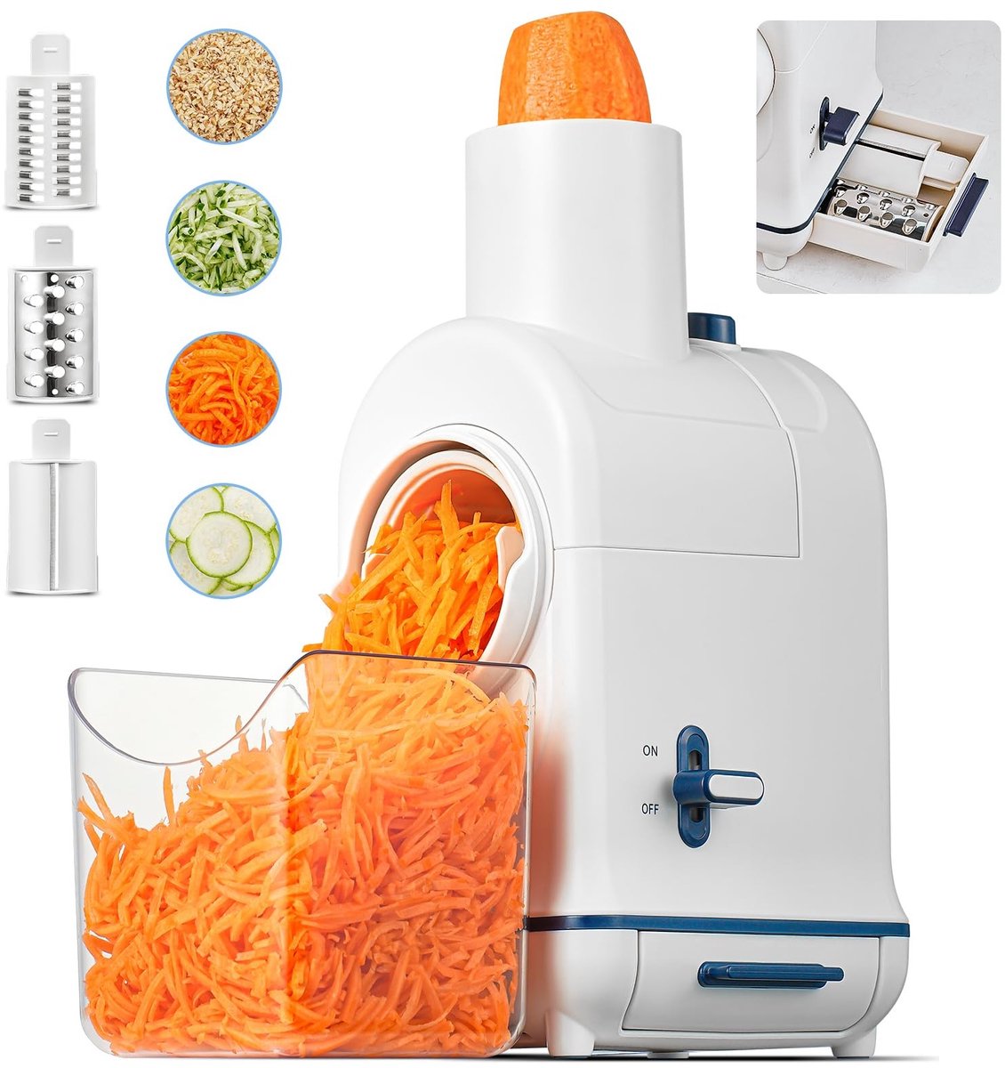Dailygoods- Groentesnijder Elektrisch - 80W Motor - 3-in-1 Functie - Grote Invoerschacht 64mm - Snelle Ontlading 83mm - Inclusief 3 Inzetstukken - Keukenmachine