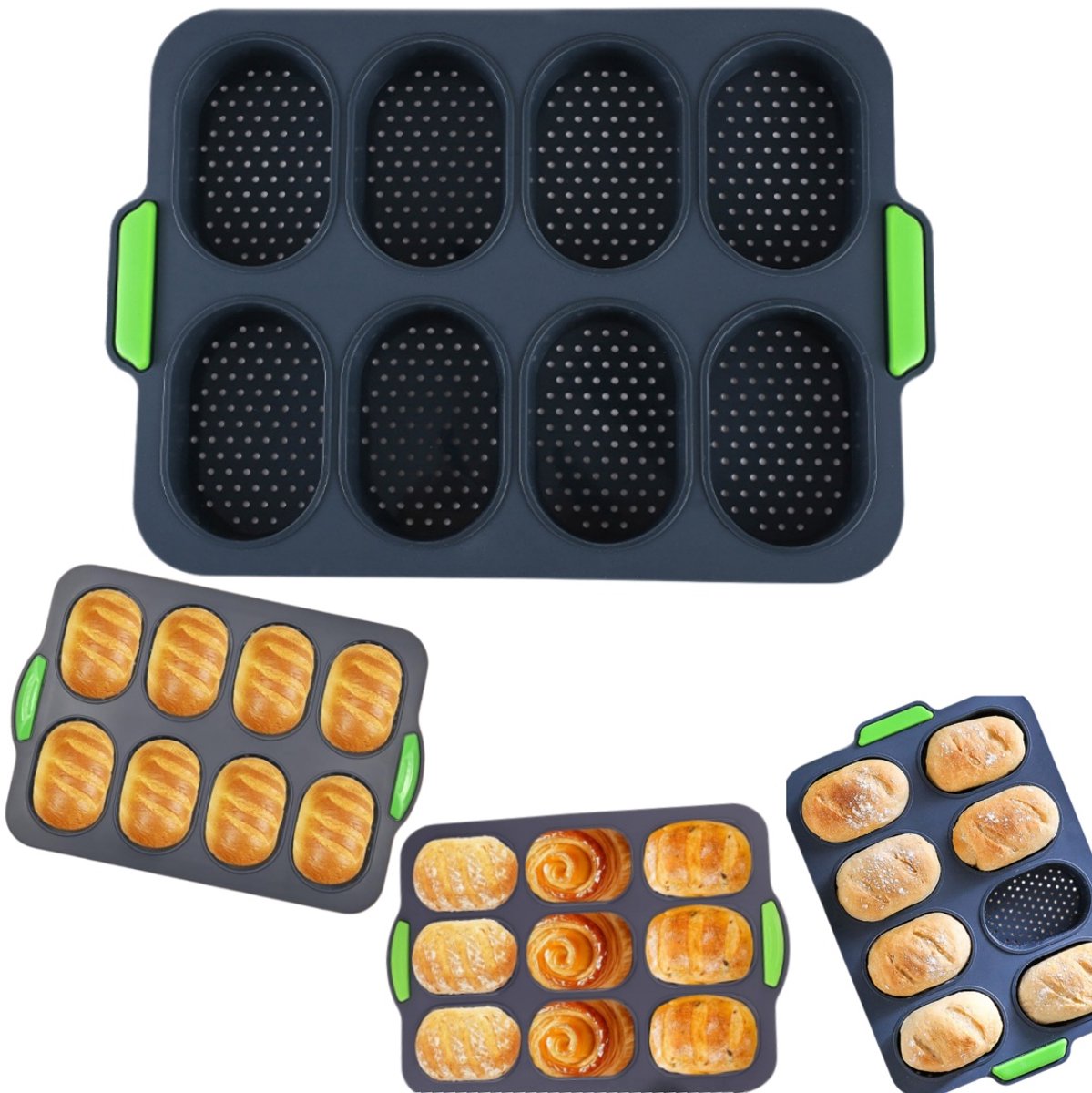 Broodvorm - Baguette bakvorm - Ronde broodbakvorm - Vierkant bakgereedschap - Mini cakevorm - Siliconen mal - Ontwerp met 8 vakken - Voor baguettes, cakes, brood, mini hamburgers (34,5*23,8 cm - Donkergrijs)