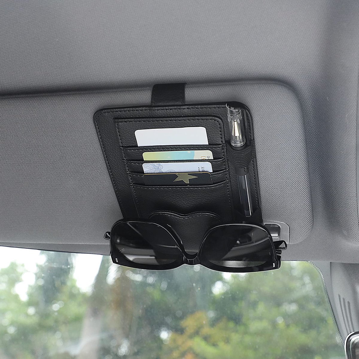 Dailygoods - Organizer voor Autovizier - Brilhouder van Leer met Opbergvakken, Zwart