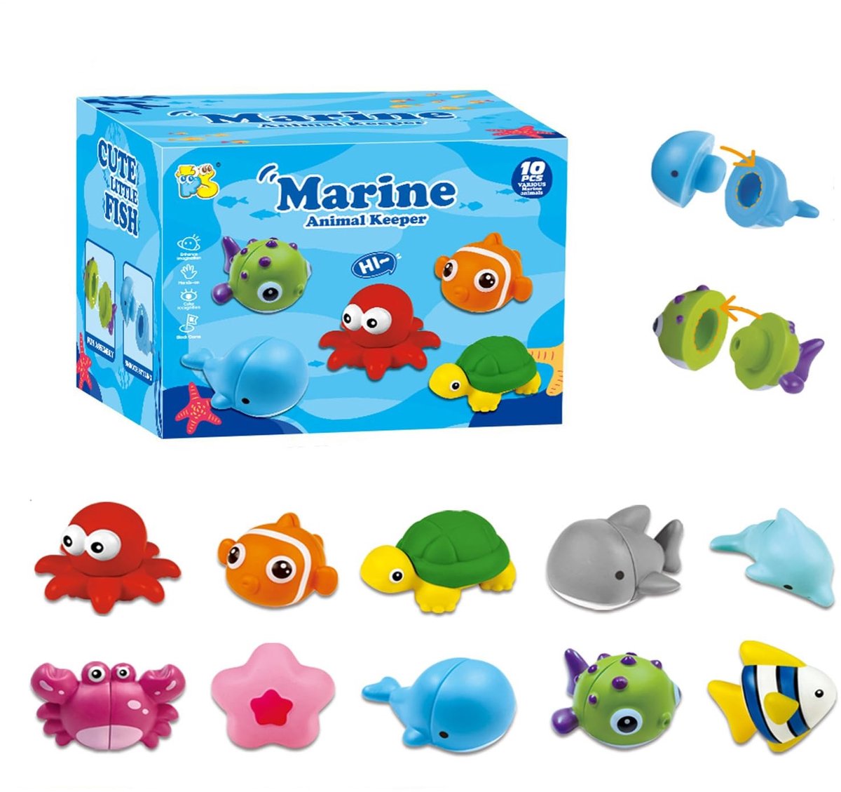 Dailygoods- Badspeelgoed 10 Stuks - Zachte Rubber Zeedieren - Pedagogisch Speelgoed - Verwijderbaar - Schimmelvrij - Geschikt voor 1-4 Jaar - Badku Toys