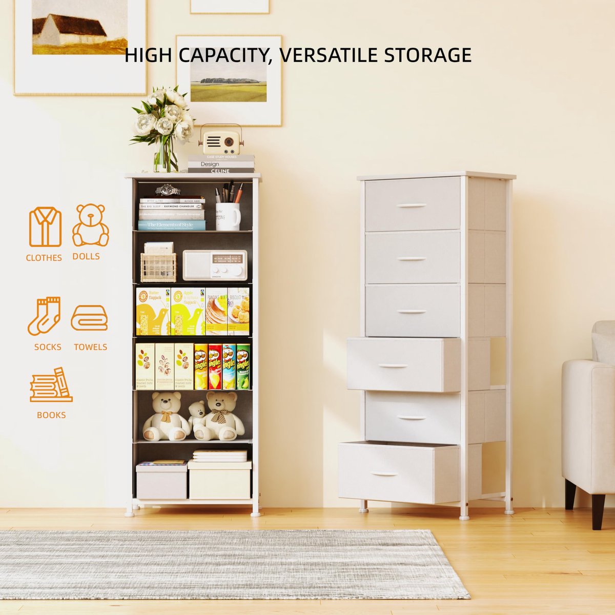 SnelShoppen - Smalle Commode met 6 Laden, Stof en Houten Top, Wit Dressoir voor Slaapkamer, Woonkamer, Hal en Kinderkamer