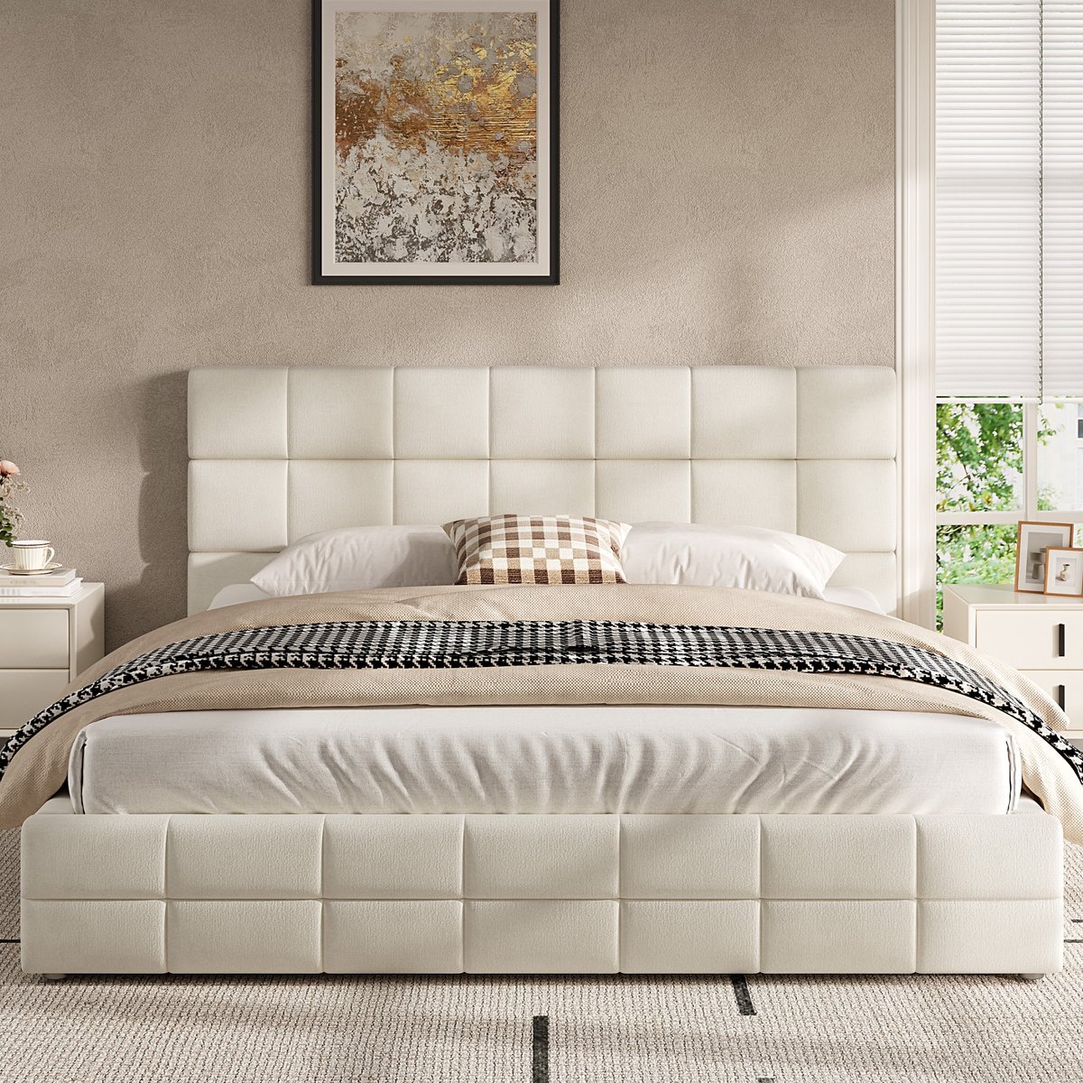 Boxspringlook Bed 180x200 cm - Zacht Velvet Bed Met Gestoffeerd Hoofdbord - Beige