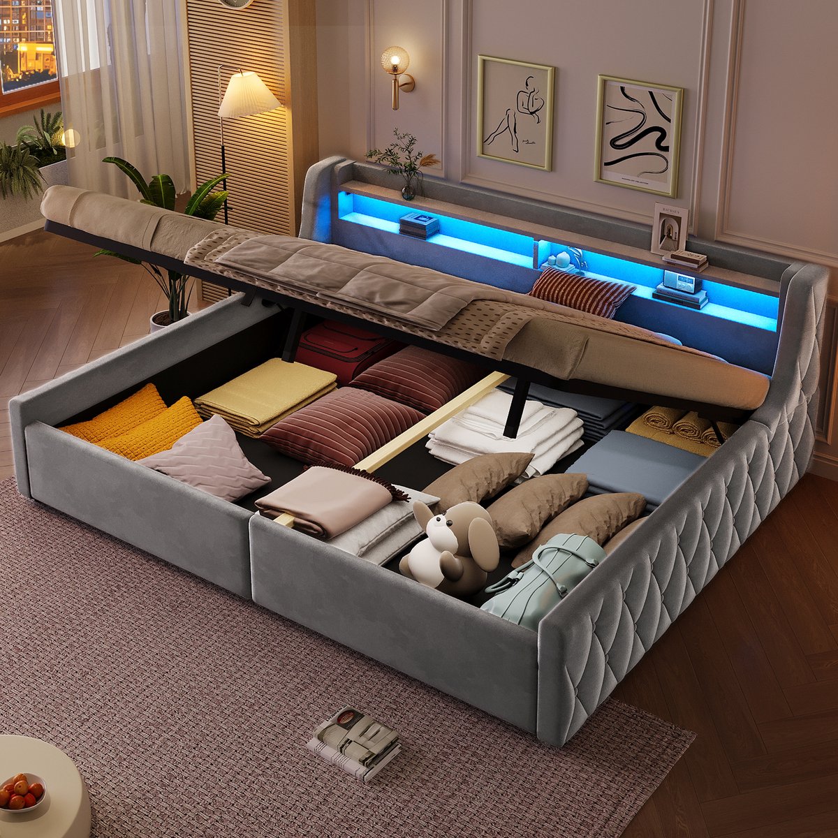 Boxbed 140x200 cm - Velvet Bed Met LED Licht En Ruime Opberbox Grijs