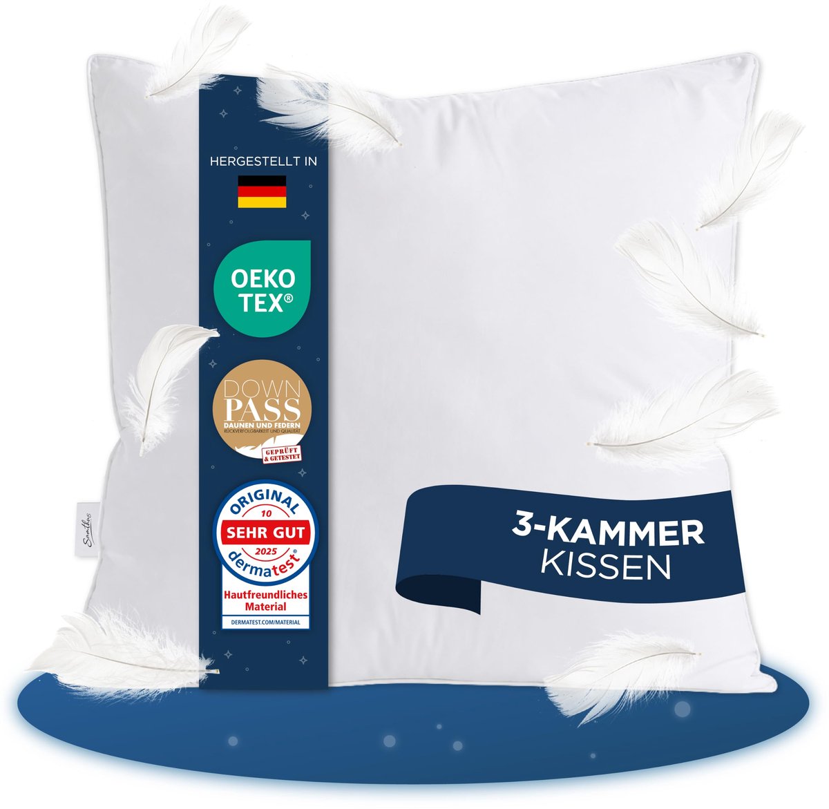 SnelShoppen - Ergonomisch Donskussen 40 x 80 cm met 3 Kamers, Hoofdkussen van Dons en Veren, Buitenhoes van 100% Katoen, Oeko-Tex en Dermatest-gecerti