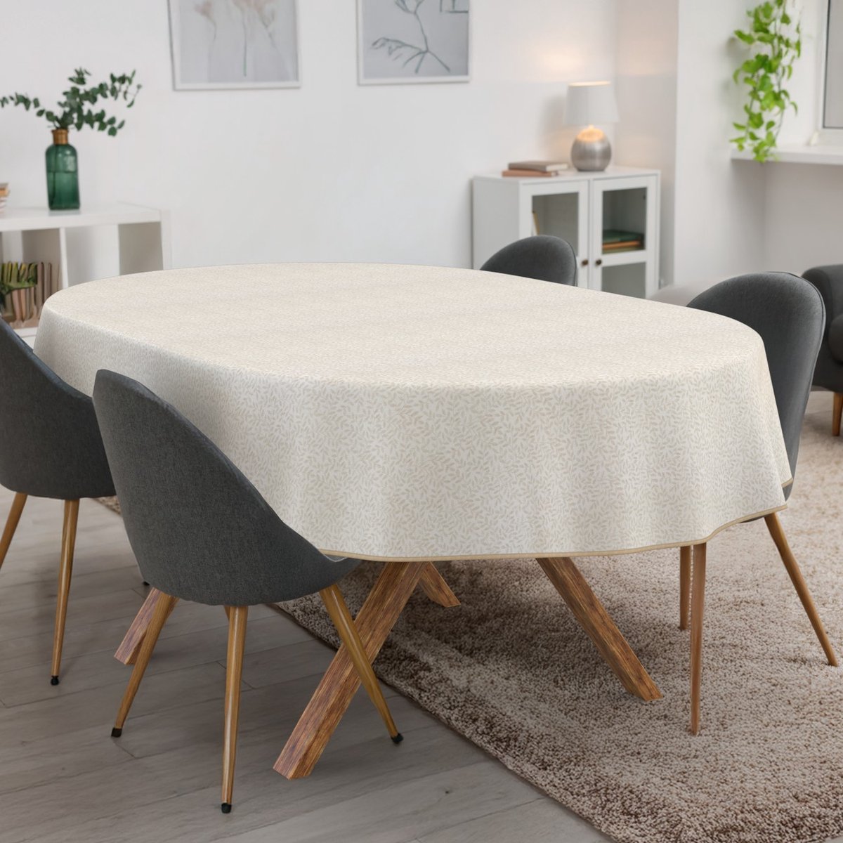 ANRO Tafelkleed Bloemen Beige Ovaal 260x140cm Met sierband Afwasbaar Waterafstotend Binnen & Buiten