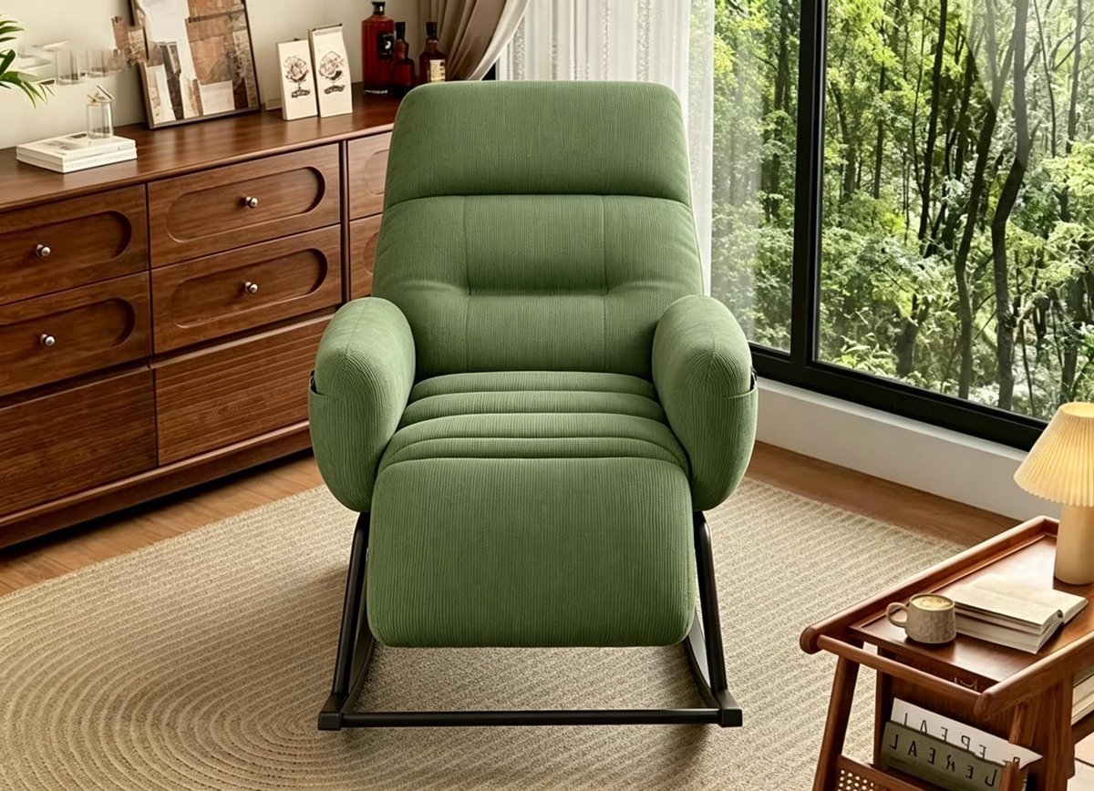 Groen schommelstoel met in 5 standen verstelbare rugleuning en voetensteun buitenstoel om te lezen binnenstoel om te relaxen comfortabele corduroy schommelstoel geschikt voor terrassen veranda'sbalkons en woonkamers