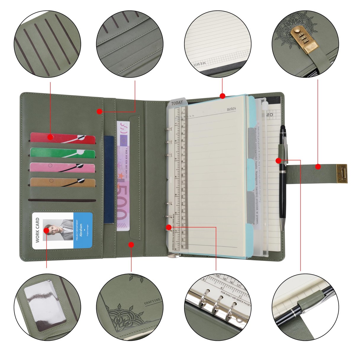 SnelShoppen - Wason Dagboek met Slot A5 Ringband Notitieboek - Navulbaar PU-Leren Journal Planner Portfolio met Klembord, Pen & Schrijfblok voor Priva