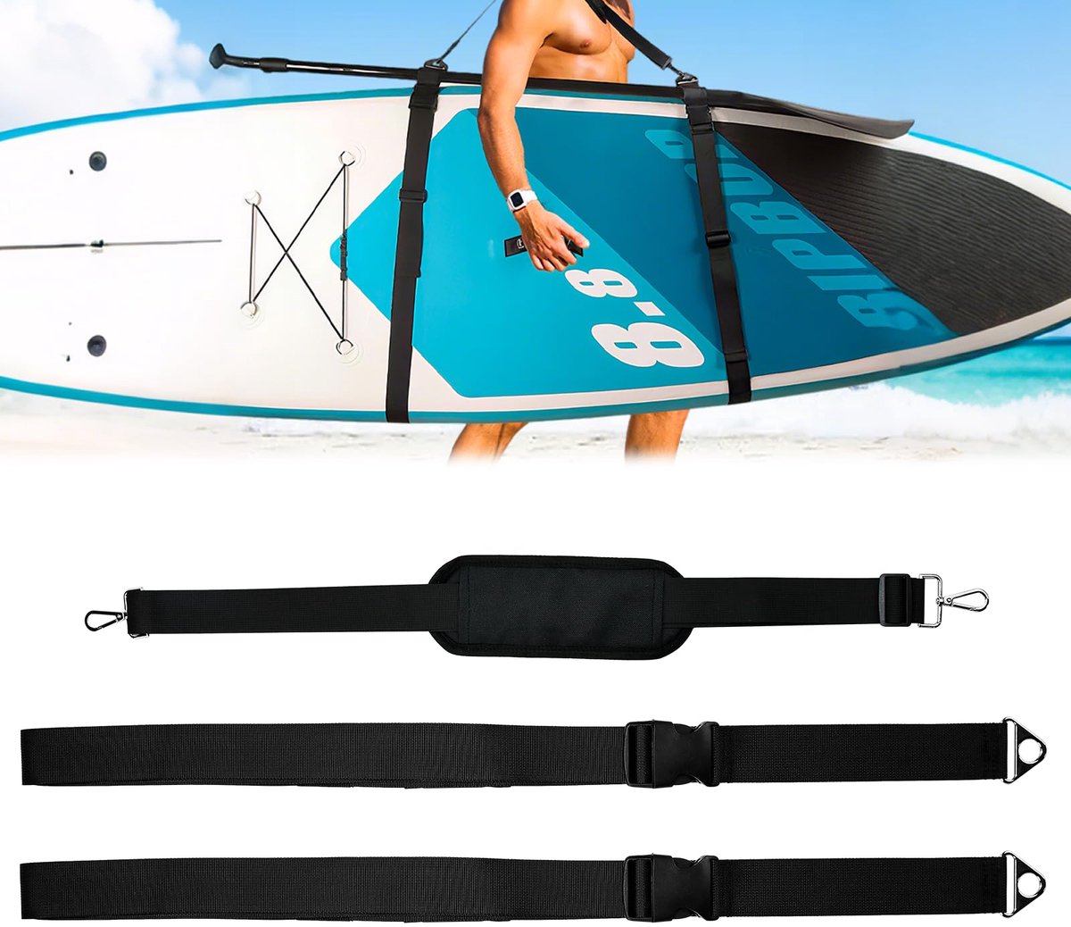 SnelShoppen - Surfplankgordel met Gevoerde Schouderriem 120 cm en 2 Verstelbare Riemen 200 cm voor Kajak, Kano, SUP - Ideaal voor Watersport, Outdoor