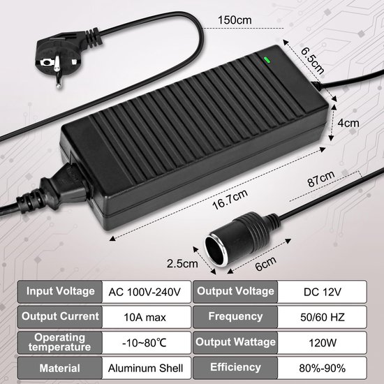 SnelShoppen - Spanningsomvormer 230 V naar 12 V, Auto-Netadapter 10 A 120 W, Adapter Sigarettenaansteker Stopcontact voor Koelbox, Compressor en Autos van Snelshoppen — afbeelding 2