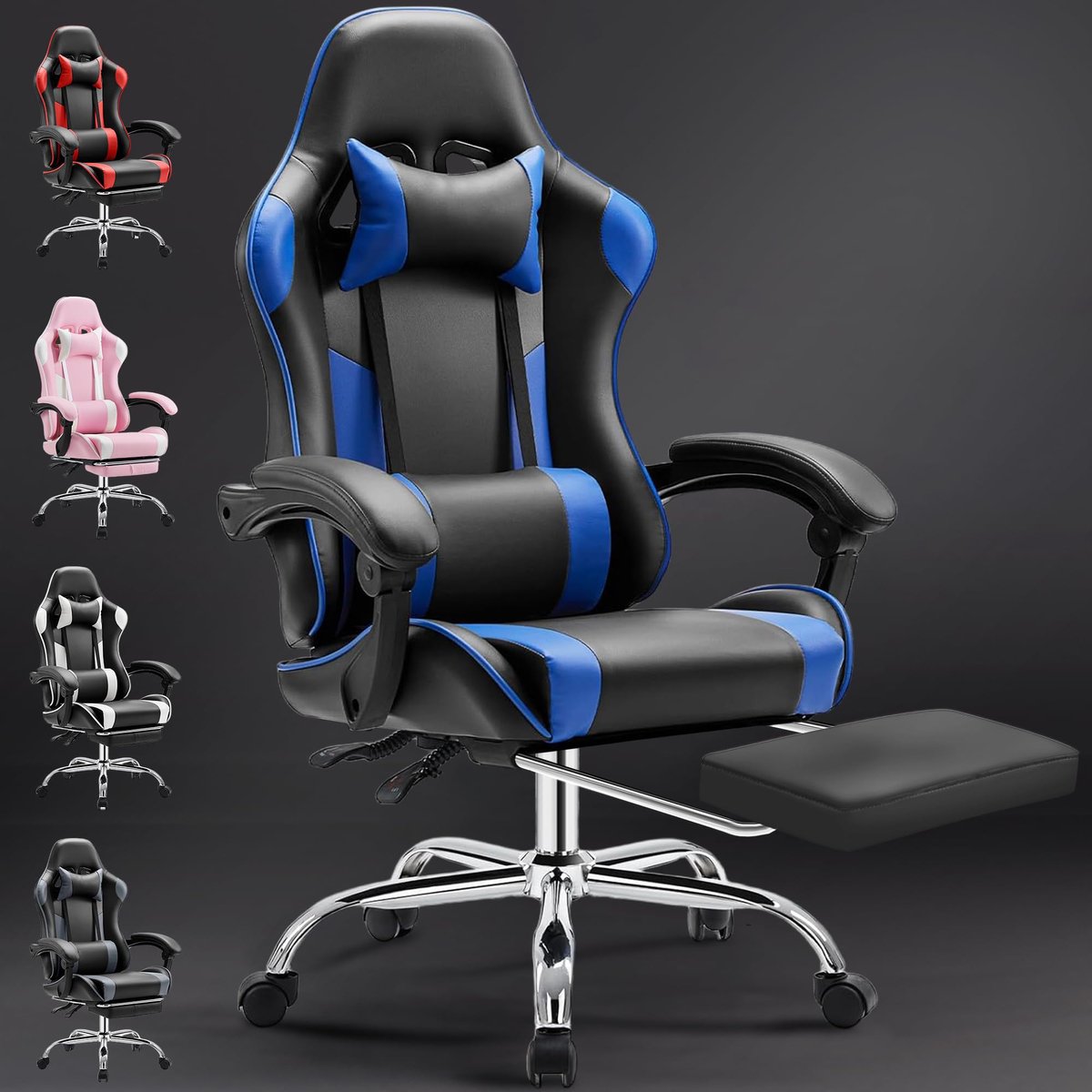 SnelShoppen - Ergonomische Gamingstoel met Voetensteun, Verstelbaar Lendenkussen, Hoofdkussen, Armleuningen, Tot 150 kg Belastbaar, Draaistoel voor PC