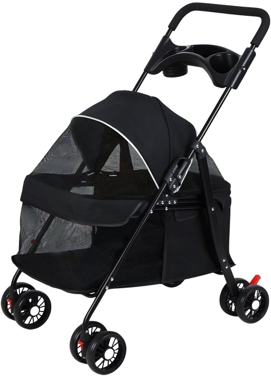 4-Wiel Honden- en Kattenbuggy – Opvouwbare Reisstroller voor Huisdieren met Bekerhouder, Ademend en Transparant Mesh – Zwart