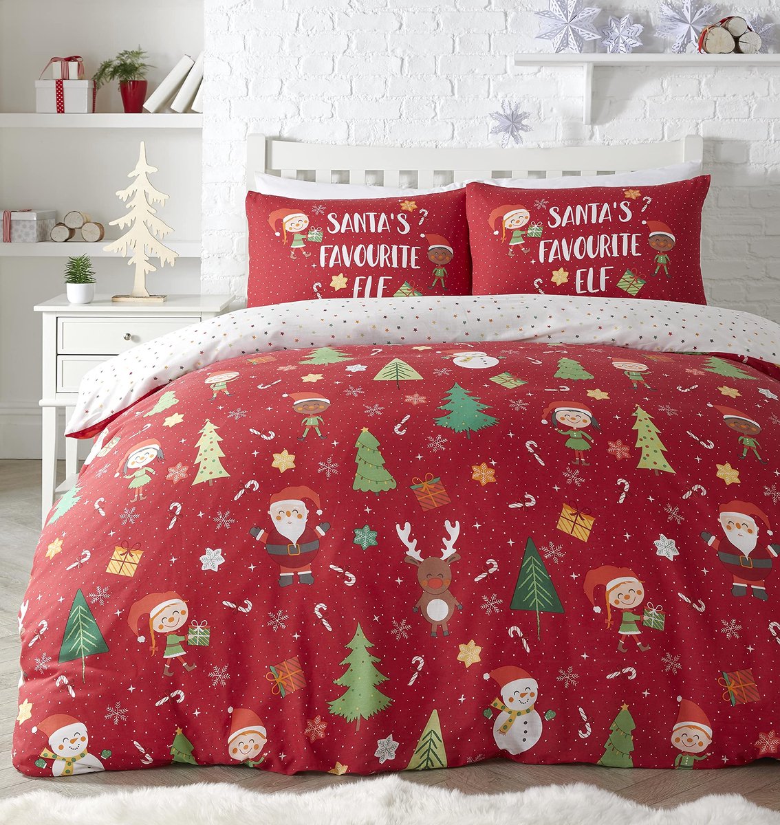 SnelShoppen - Bedlam Elf & Santa-Easy Care Dekbedovertrekset - Polykatoen - Veelkleurig - Tweepersoons - Perfect voor Feestdagen en Slaapkamerdecorati