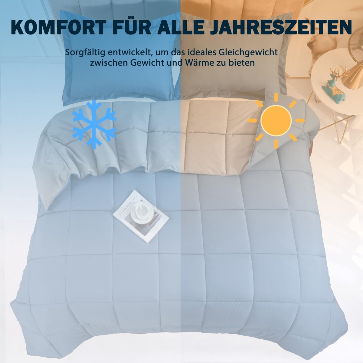SnelShoppen - Omkeerbaar Beddegoedset 155x220cm met 2 Kussenslopen 80x80cm - Oeko-TEX Gecertificeerd - 4 Seizoenen - 250GSM - Blauw/Lichtgrijs - Perfe