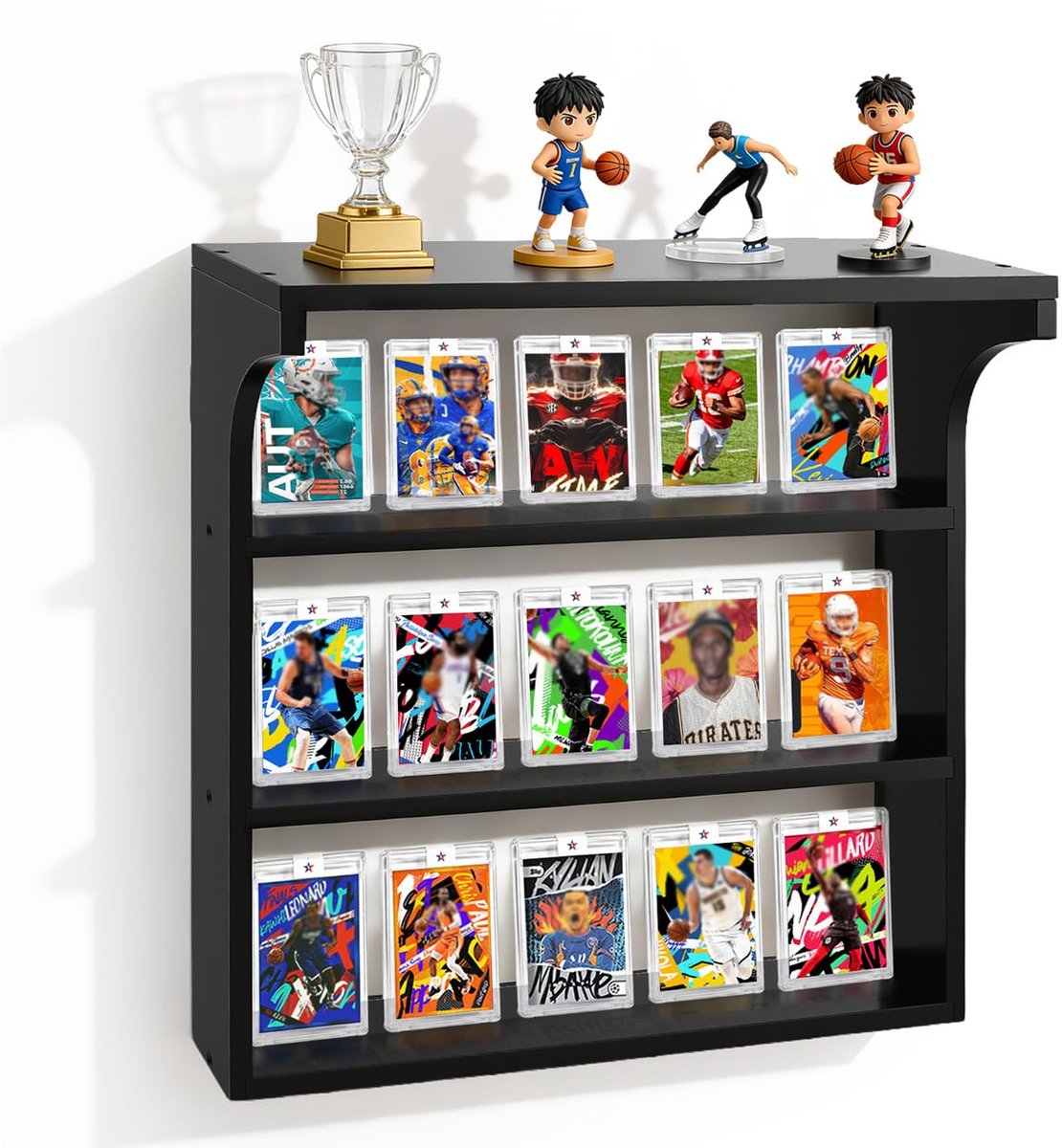 SnelShoppen - 3-traps wandgemonteerde verzamelkaartendisplay zwart houten standaard voor sportkaarten, ruilkaartenbox voor beoordeelde verzamelingen,