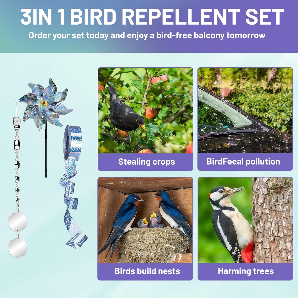 SnelShoppen - Vogelafweer Set voor Tuin - Duivenverjager Windmolen en Reflecterende Spiraalstokken - Alternatief voor Pinnen - Vogelverschrikker Band