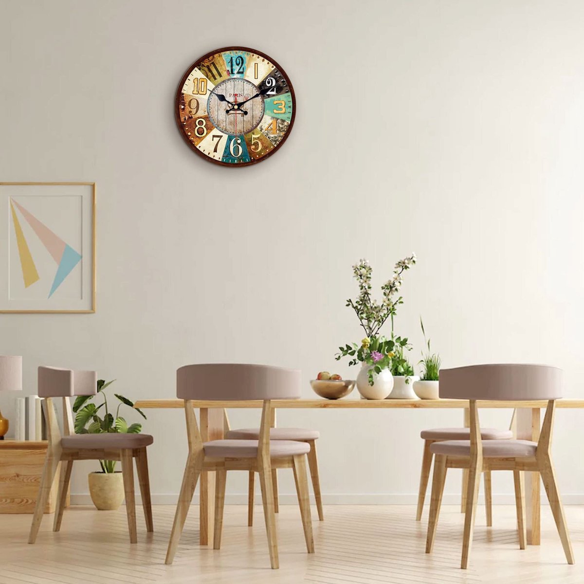 SnelShoppen - Vintage Houten Wandklok 30 cm zonder Tikking - Europese Wandklok Decoratie voor Keuken, Woonkamer, Slaapkamer, Kantoor en School - Frans