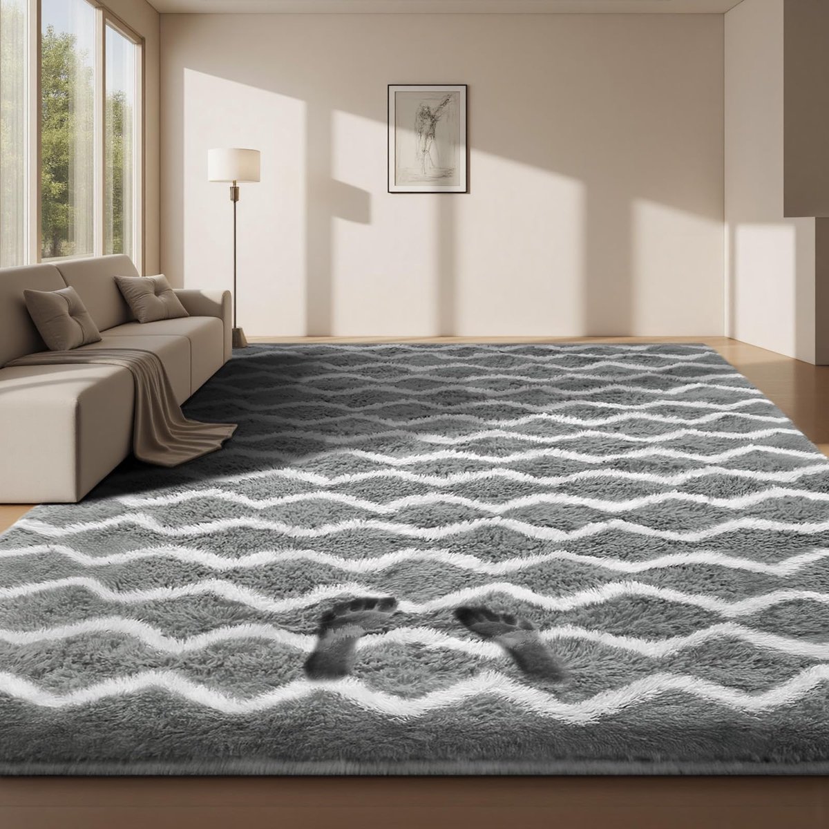 SnelShoppen - Hoogpolig Sour Lemon Vloerkleed 140x200 cm - Gestreept Fluffy Tapijt voor Woonkamer, Slaapkamer, Antislip en Wasbaar in Lichtgrijs/Wit