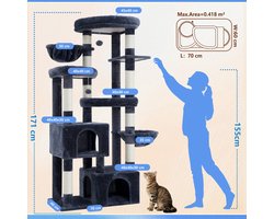 SnelShoppen - Krabpaal voor katten 171 cm met 3 platforms, 2 grote huisjes, 2 bedden, hangende pluche ballen, ideaal voor Maine Coon, rookgrijs MPJ084