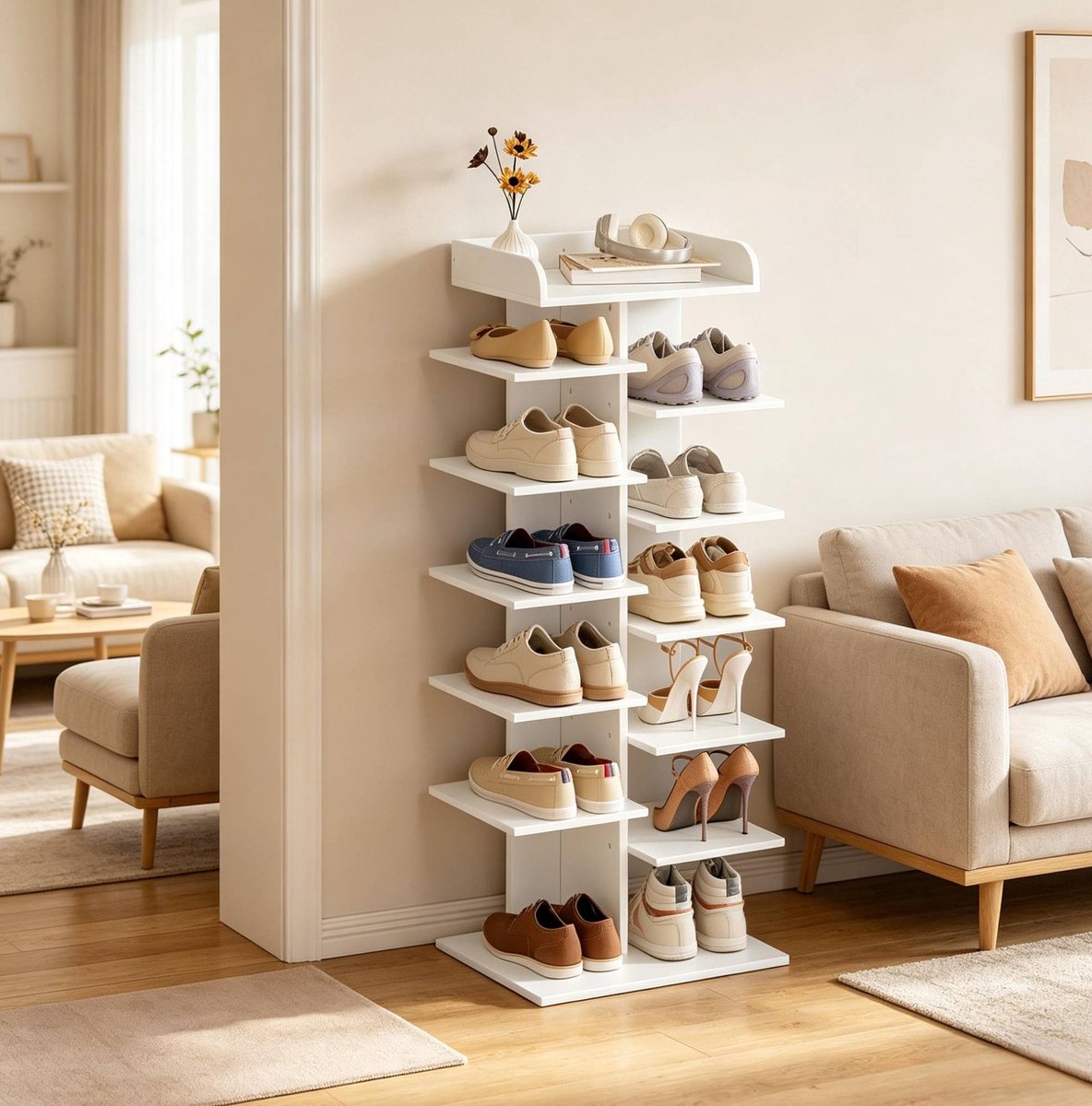 HAUSS SPOLE Schoenenkast - Open Staand Rek Met 12 Vakken En Opbergbak - Voor Hal En Slaapkamer - Spaanplaat - 40x30x114 Cm - Wit
