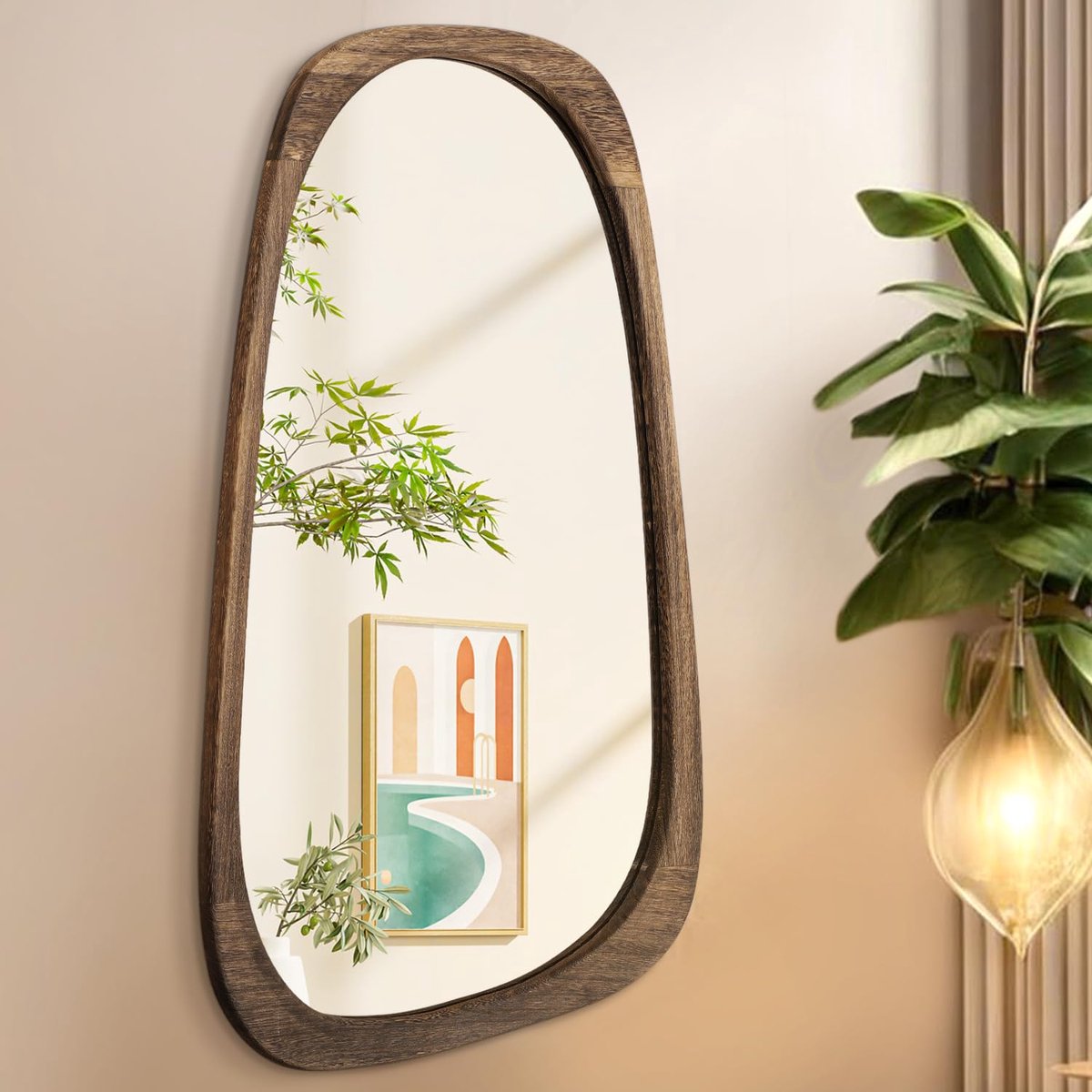 SnelShoppen - Grote Vintage Wandspiegel 70x40cm met Onregelmatige Houten Lijst - Asymmetrische Decoratieve Spiegel voor Badkamer, Slaapkamer, Woonkame
