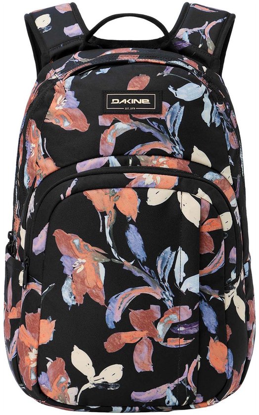 Zwarte Dakine rugzak met een bloemenprint in diverse kleuren.