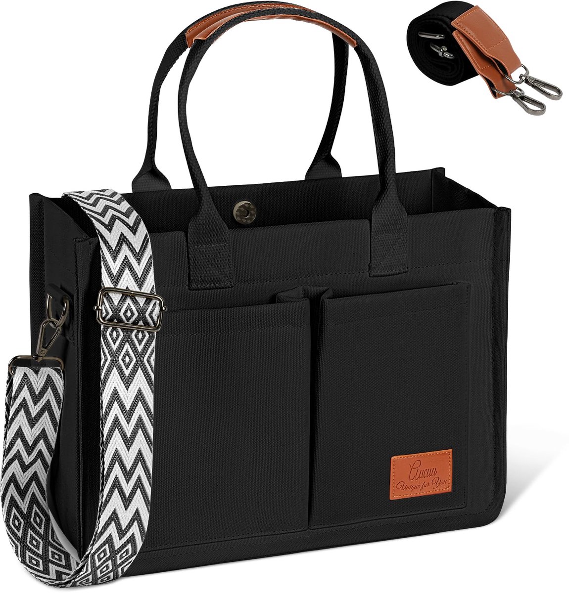 SnelShoppen - Aucuu Tote Tas - Grote Canvas Draagtas voor Vrouwen - Casual Crossbody Tas met 14 Inch Laptopvak - Zwart - Ideaal voor School, Werk, Rei
