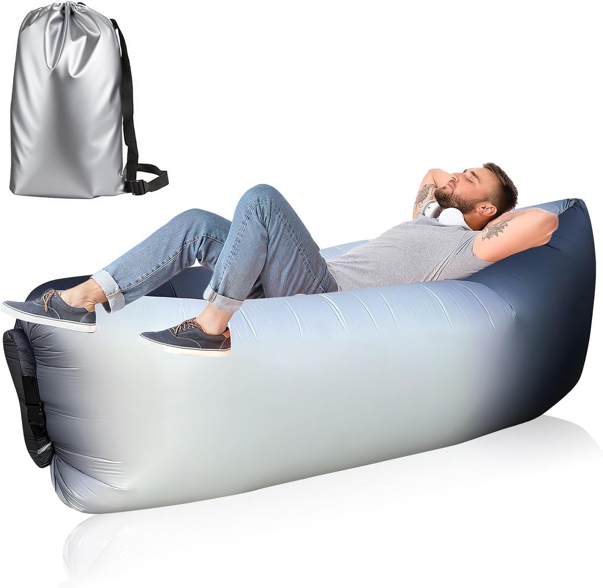 SnelShoppen - Opblaasbare Campingbank 230 x 70 cm - Luchtbank voor Outdoor, Strand, Picknicks, Tuinen en Muziekfestivals - Roosterdoek Zwart & Wit - L