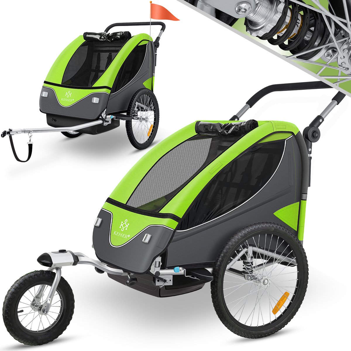 KESSER® Cruiser Kinderfietskar 360° draaibaar met vering 2in1 Jogger functie Kinderfietskar + 5-puntsgordel Jogger Fietskar voor 1 tot 2 kinderen max. 40kg - LichtGroen