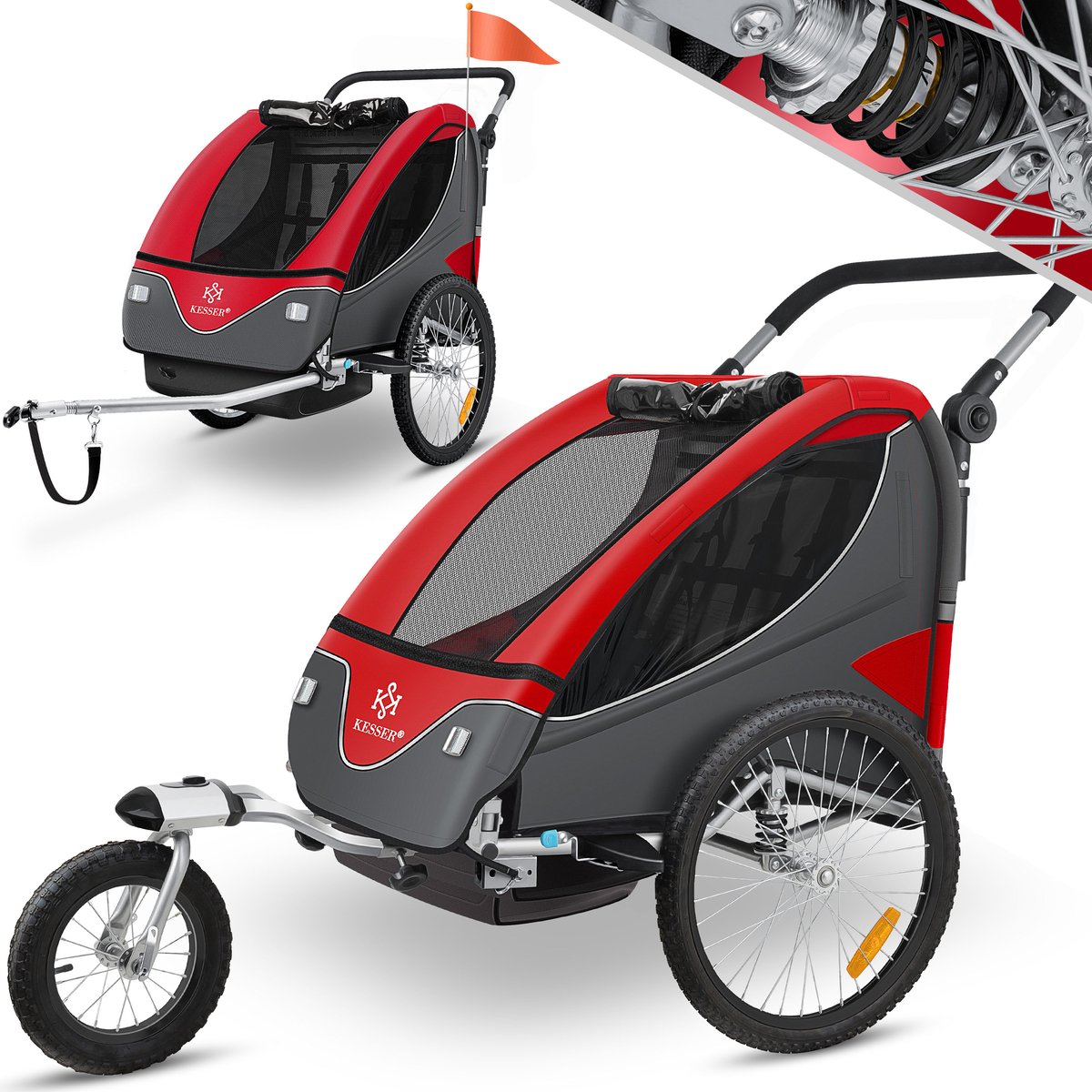 KESSER® Cruiser Kinderfietskar 360° draaibaar met vering 2in1 Jogger functie Kinderfietskar + 5-puntsgordel Jogger Fietskar voor 1 tot 2 kinderen max. 40kg - Rood / Zwart
