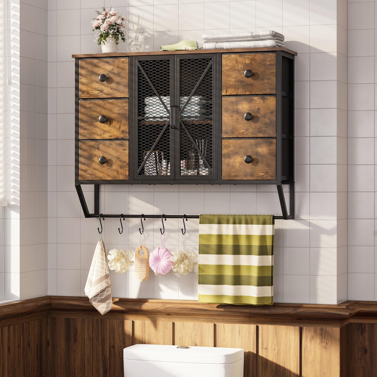 SnelShoppen - Wandkast voor de Badkamer met 6 Laden van Stof (Bruin) - Opbergruimte, Badkamermeubel, Multifunctioneel, Modern Design, Stevige Construc