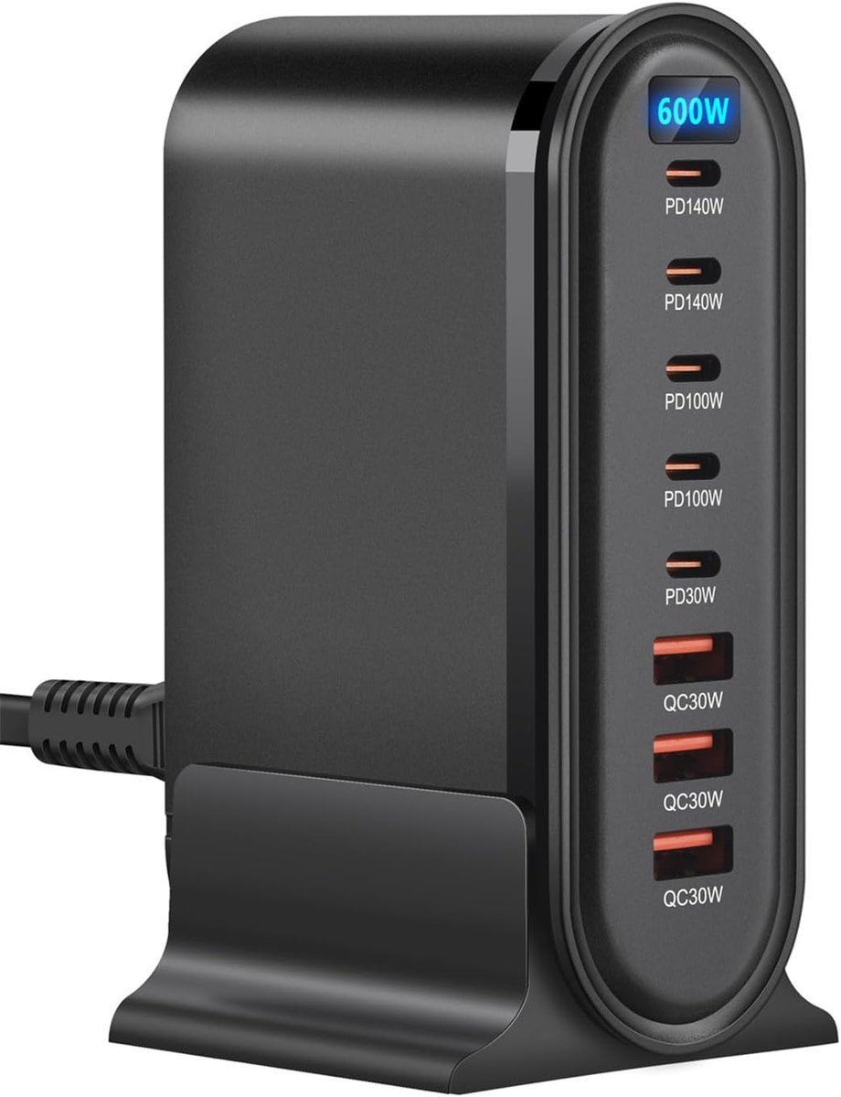 600W EU USB-C Power Hub / 8-in-1 Oplaadstation – 140W PD PPS-poort + twee 100W PD-poorten voor diverse elektronische apparaten – Laptop-wandlader geschikt voor MacBook/iPhone 16/iPad (Zwart)