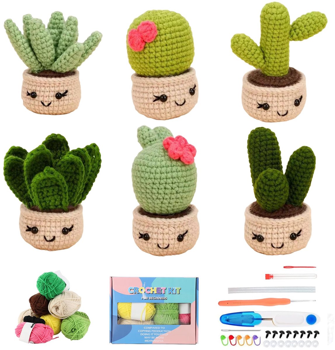 SnelShoppen - Haakset voor Beginners - 6 Stuks Cactussen in Bloempot - Compleet met Handleiding en Video-Tutorials - Creatief Haken voor Kinderen en V