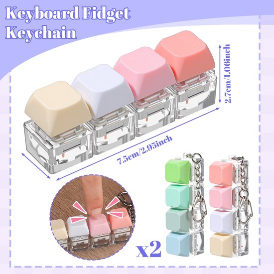 Een close-up van een 4-in-1 toetsenbord fidget sleutelhanger met crèmekleurige, witte, roze en perzikkleurige toetskapjes.