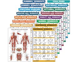 SnelShoppen - 16 Pack Oefenposters Set: Dumbbell, Kettlebell, Weerstandsbanden, Medische Bal, Battle Rope, Stretchen, Bodyweight, Barbell, Yoga, Fitne
