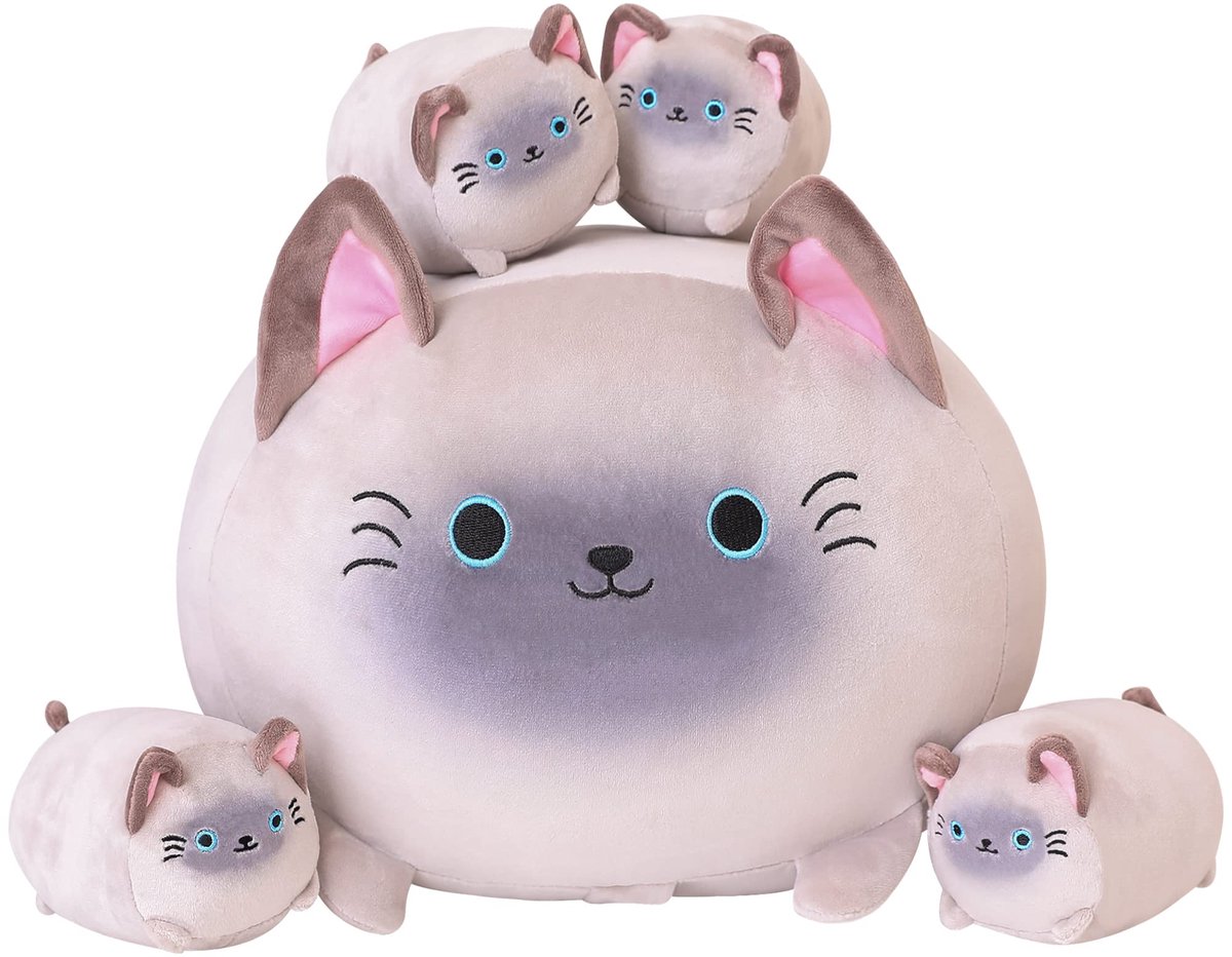 Dailygoods - Schattige Pluche Siamese Kat met 4 Kittens - Zacht Speelgoed voor Kinderen